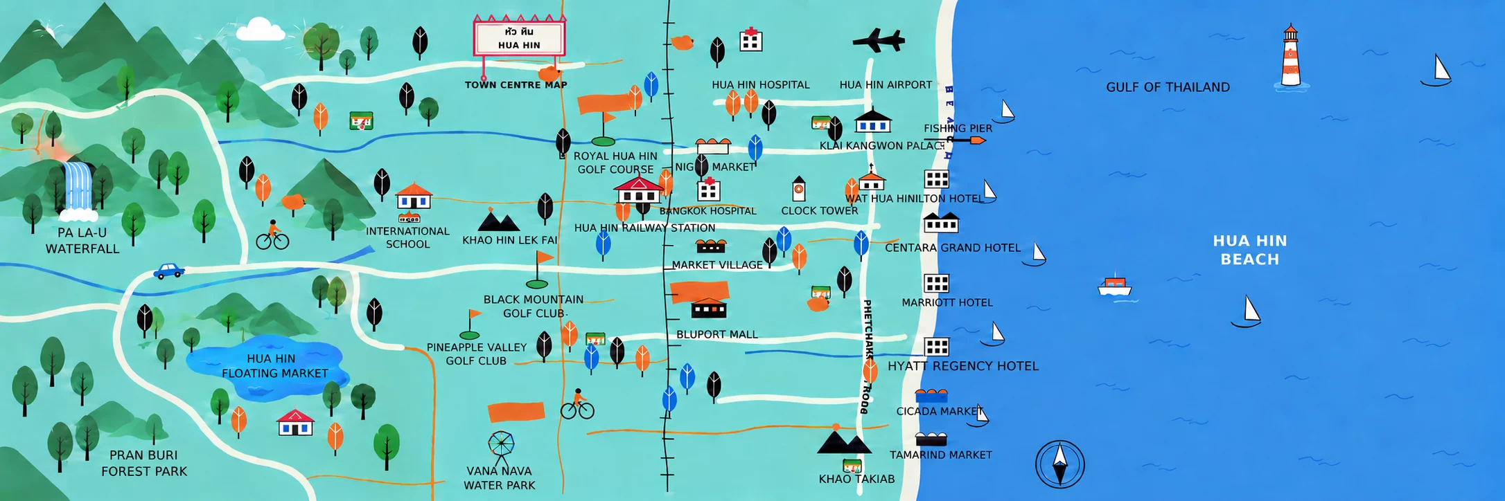 Illustrated map of Hua Hin and its landmarks